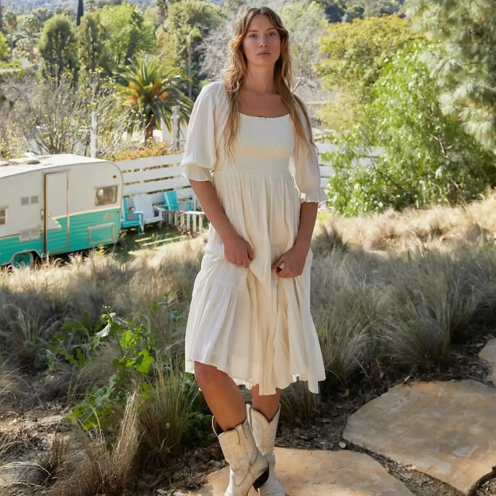Oak & Fort Smocked Midi Dress in Beige